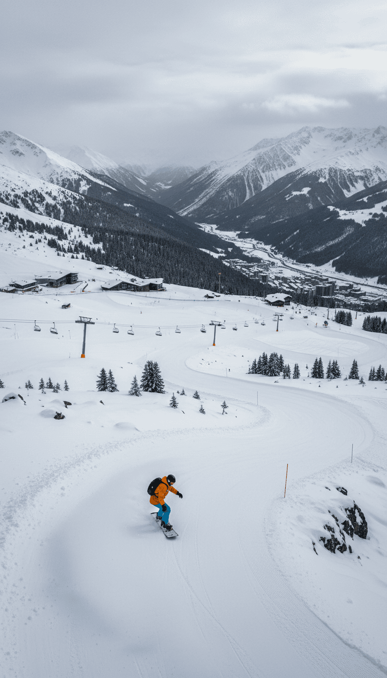 Skiing action shot with a snow spray against a dark mountain sky