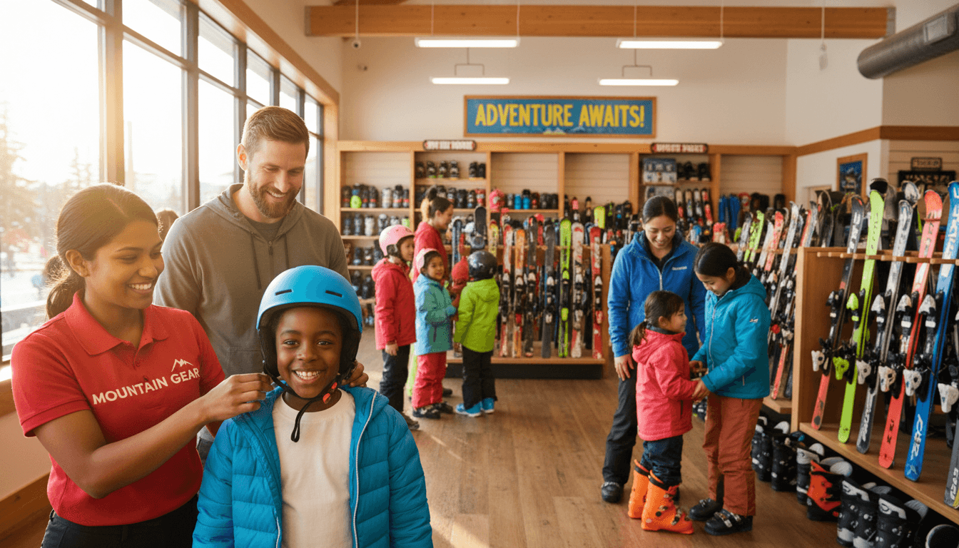 Diverse children and parents selecting and fitting ski equipment at a sunny rental facility with helpful staff guidance
