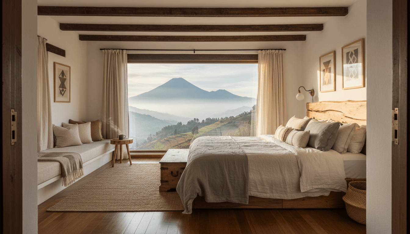 Cozy mountain lodge interior with skis leaning near door and fireplace