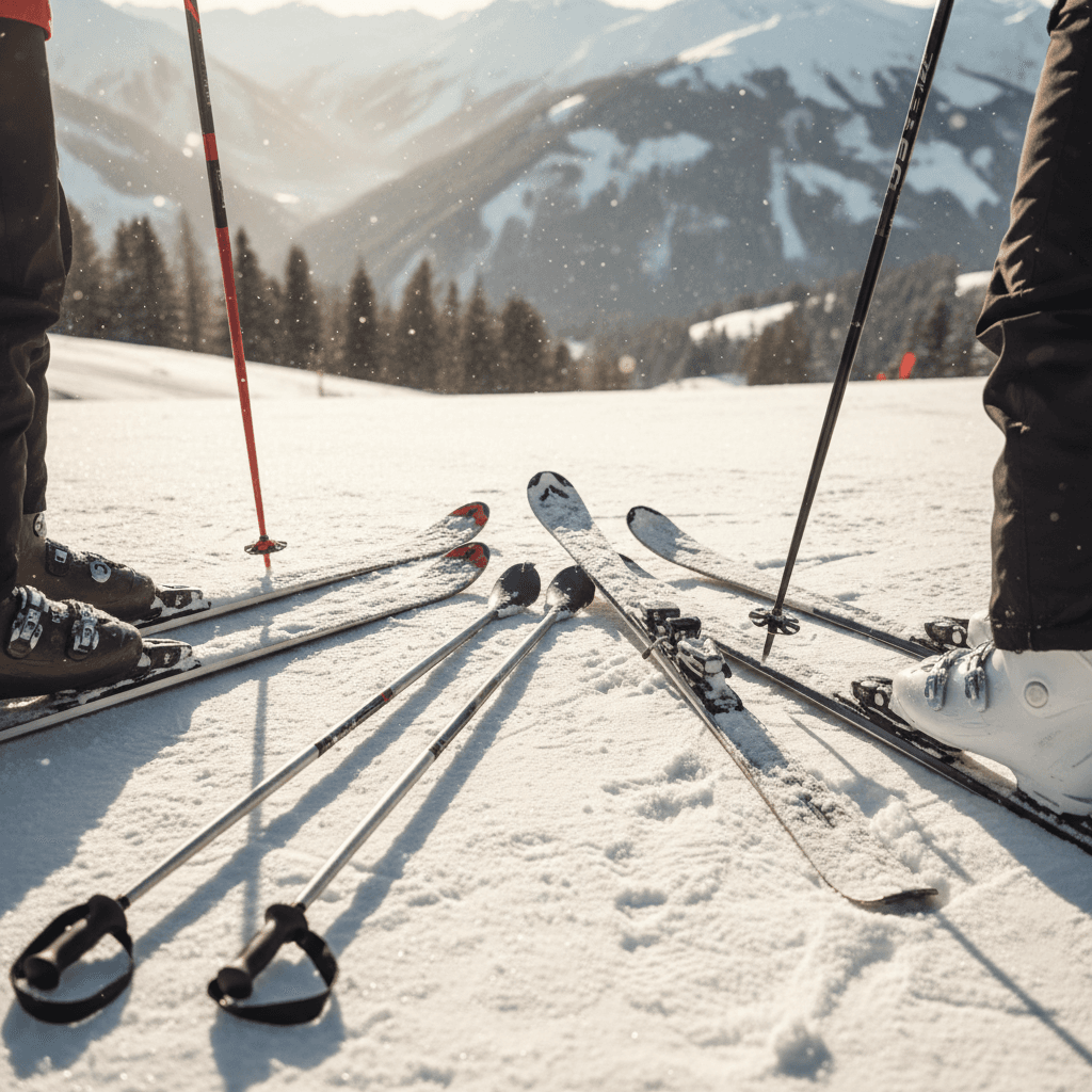 Close-up of a ski binding and edge resting on fresh powder snow, with sunglasses on the snow nearby.