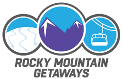 Rocky Mountain Getaways logo featuring icons of ski tracks, purple mountains, and a chairlift.